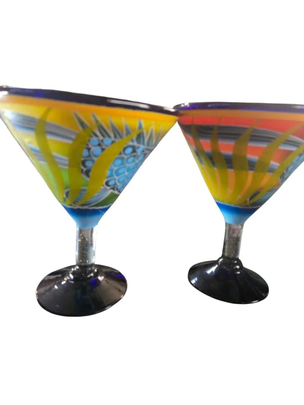 2 Hand-Painted Fish Martini Glass - Yellow & Orange